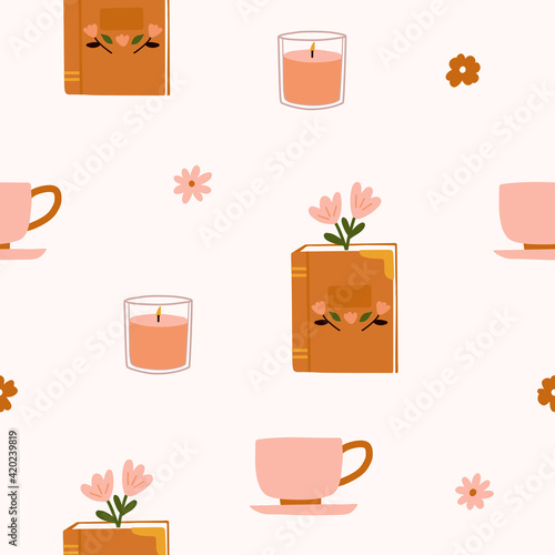 Floral vintage book with tea cup or mugs coffee and candle flowers seamless pattern background