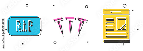 Set Speech bubble rip death, Metallic nails and Obituaries icon. Vector