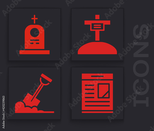 Set Obituaries, Grave with tombstone, Grave with cross and Shovel in the ground icon. Vector