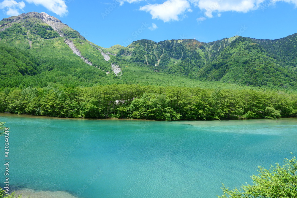 中部山岳国立公園。初夏の大正池と焼岳。松本、長野、日本。6月下旬。 中部山岳国立公園。初夏の大正池と焼岳。松本、長野、日本。6月下旬。