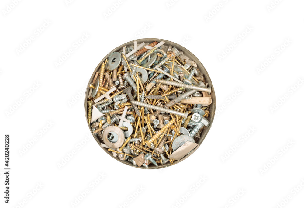 round box with nails, screws, nuts, bolts, self-tapping screws on a white background close up round box with nails, screws, nuts, bolts, self-tapping screws on a white background close up