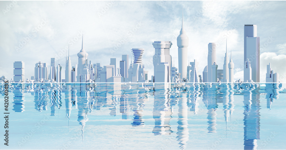 3D Render of futuristic modern capital city with skyscrapers and beautiful sky. Future happy city concept, business and residential idea 