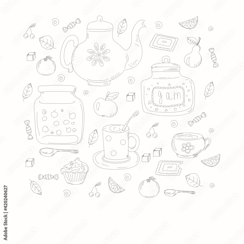 A set of elements for design. Food and drinks, dishes and fruits. Jam in a jar and compote. Sweets and tea in a cup. Doodle style. Vector illustration, isolated white background. A set of elements for design. Food and drinks, dishes and fruits. Jam in a jar and compote. Sweets and tea in a cup. Doodle style. Vector illustration, isolated white background.