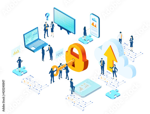 Isometric 3D business concept environment,  Business people, bankers trying open a big golden lock. Developing banking application, technical support, advisory and security 