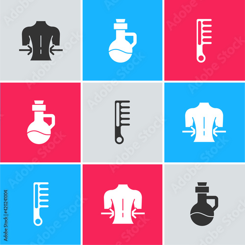 Set Massage, Essential oil bottle and Hairbrush icon. Vector