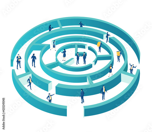 Isometric 3D business concept environment,  Business people working in labyrinth . Talking, communication, slowing the problems, start up, support and developing projects. 