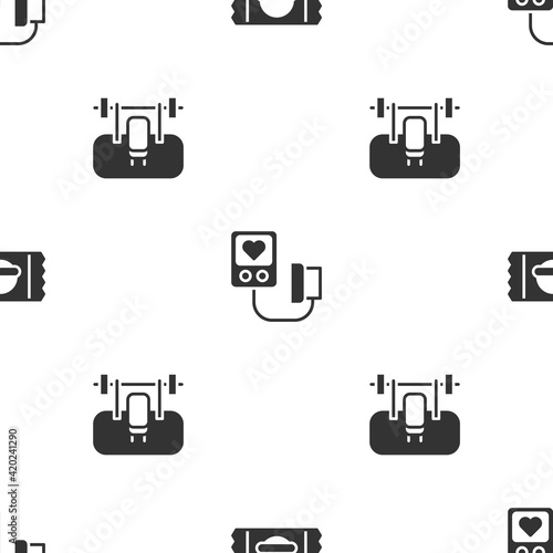 Set Sports nutrition, Blood pressure and Bench with barbel on seamless pattern. Vector