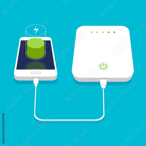 Low battery. 3d smartphone charging with external power bank. Database storage device concept. Vector illustration.	