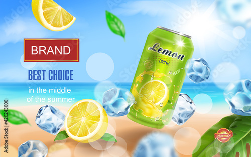 Lemon drink aluminium can with ice cubes on ocean beach. Lemon slice and tropical leaf. Realistic. Vector