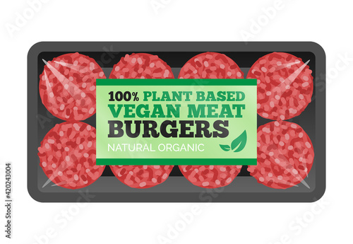 plant based vegan burger patties package in transparent foam tray isolated on white background