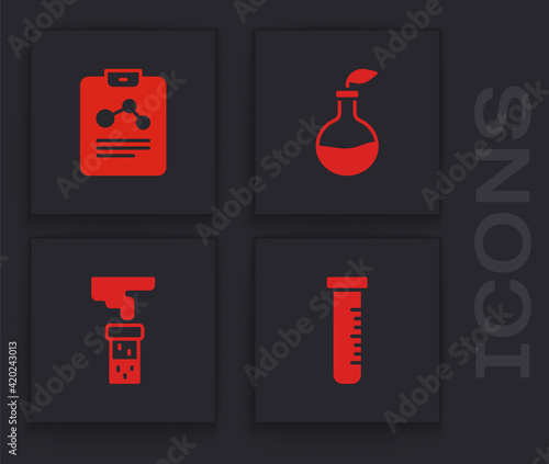 Set Test tube and flask, Chemistry report, Plant breeding and icon. Vector