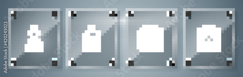 Set Fire flame, Formula of benzene rings, Poison bottle and Laboratory assistant. Square glass panels. Vector