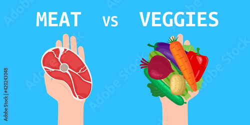 meat versus veggies. hands holding fresh vegetables and beef steak vegetarian concept vector illustration