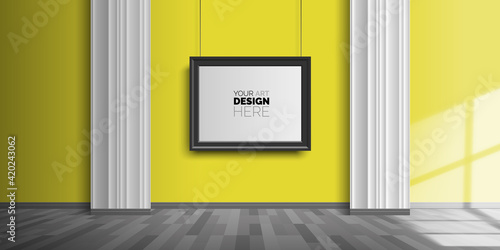 blank picture frame on the yellow wall empty interior room with columns sun light effect vector illustration