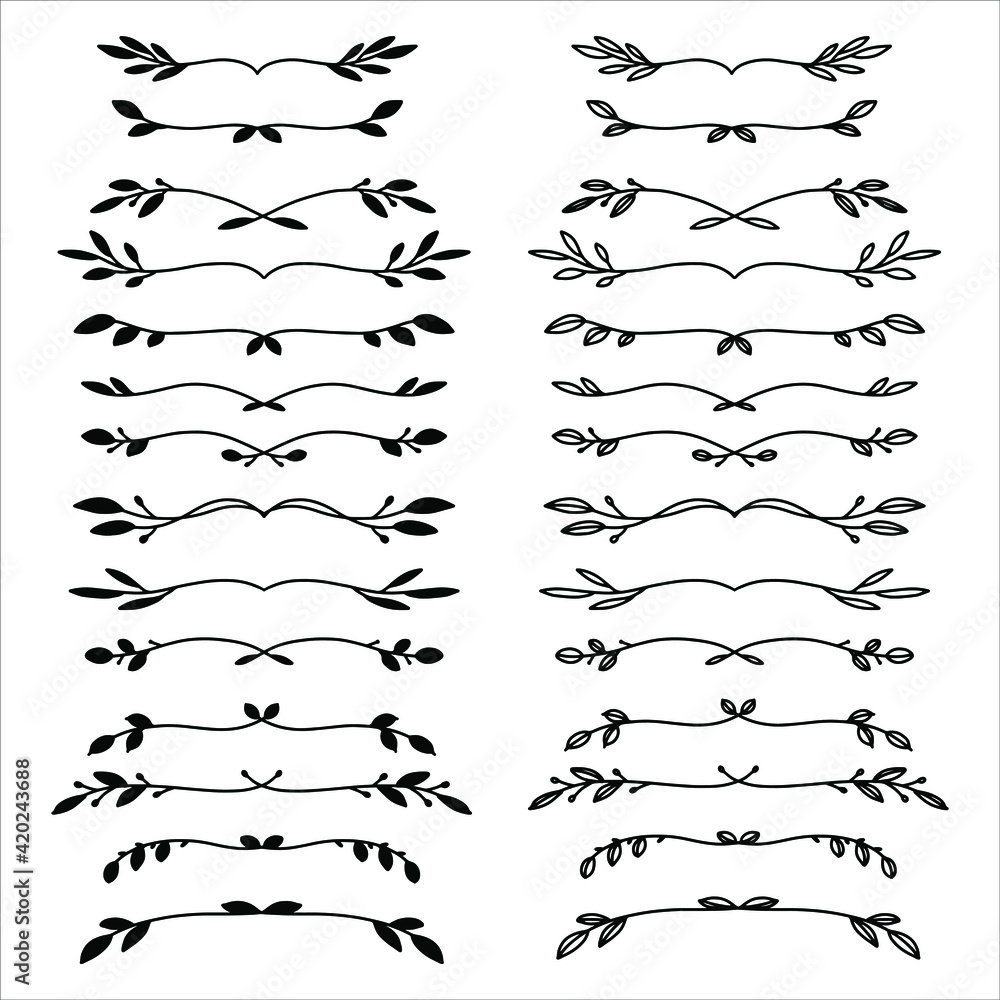 Set of hand drawn floral elements isolated on white background. Outline and silhouette branches for books, greeting cards, invitations, web. Doodle style. Set of hand drawn floral elements isolated on white background. Outline and silhouette branches for books, greeting cards, invitations, web. Doodle style.