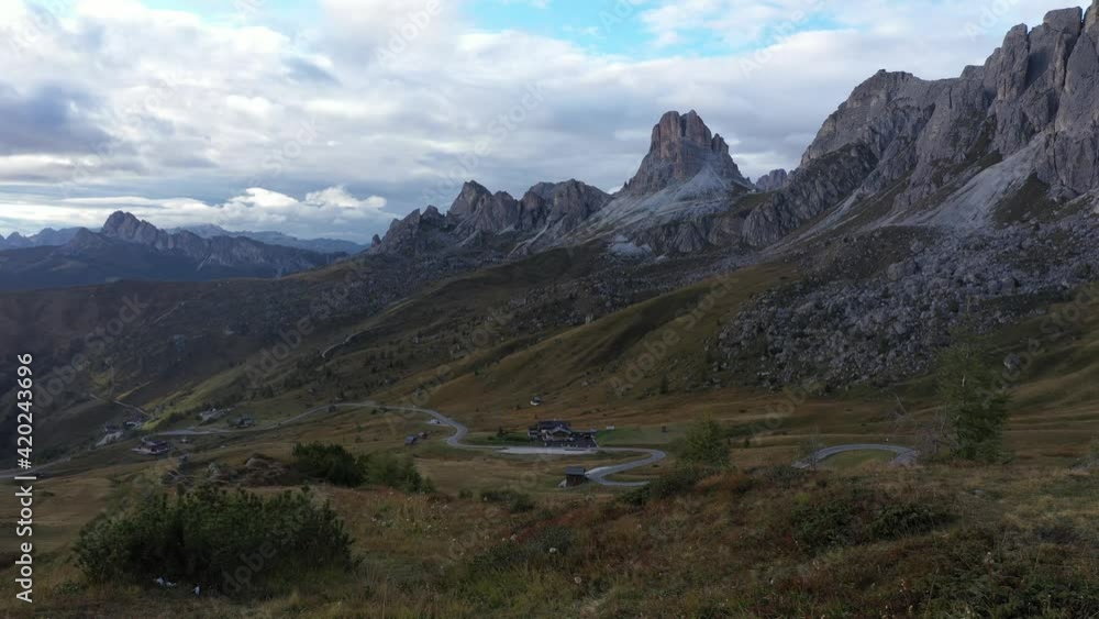 Aerial view fly over Italian Dolomites Alps ,Pass Giau. camera moves Aerial view fly over Italian Dolomites Alps ,Pass Giau. camera moves