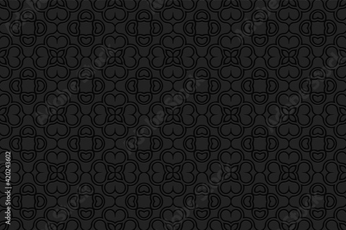 Volumetric composition with 3D effect of a convex shape. Black geometric background with ethnic relief elements. Ornament for wrapping paper, wallpaper.
