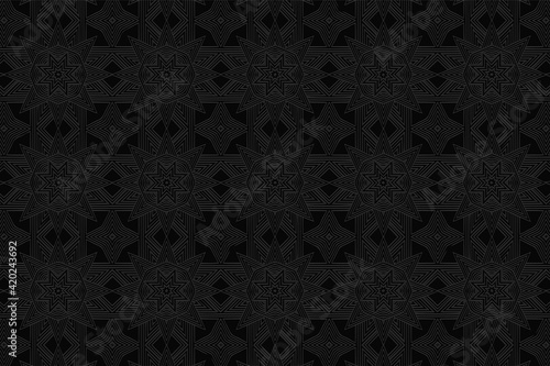 Volumetric composition with 3D effect of a convex shape. Black geometric background with embossed stars and polygons. Ethnic ornament for wallpaper, design, decor.