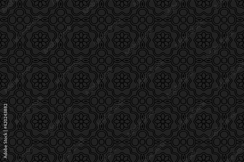 Volumetric composition with 3D effect of a convex shape. Black geometric background with openwork stylized flowers, ethnic elements. Embossed ornament.
