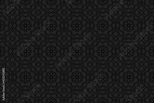 Volumetric composition with 3D effect of a convex shape. Black geometric background with openwork stylized flowers, ethnic elements. Embossed ornament.