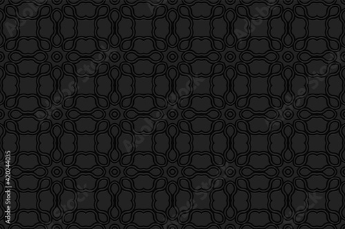 Volumetric composition with 3D effect of a convex shape. Ethnic artistic ornament with relief lines. Black geometric background for design decoration.