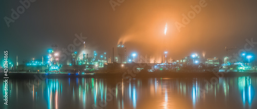 Industrial landscape with the river Rhine and chemical production plants at Ludwigshafen as seen from Mannheim in Germany.