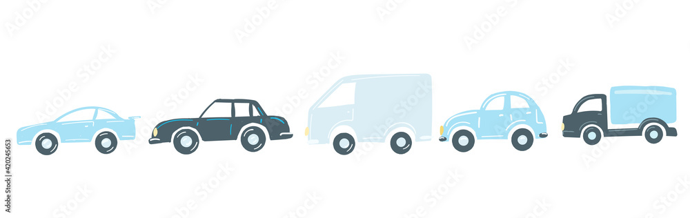 set blue cars flat simple cartoon style hand drawing. vector illustration