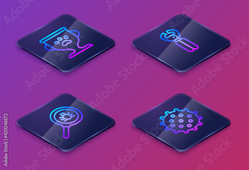 Set Isometric line Pet award, Flea search, nail clippers and Tennis ball. Blue square button. Vector