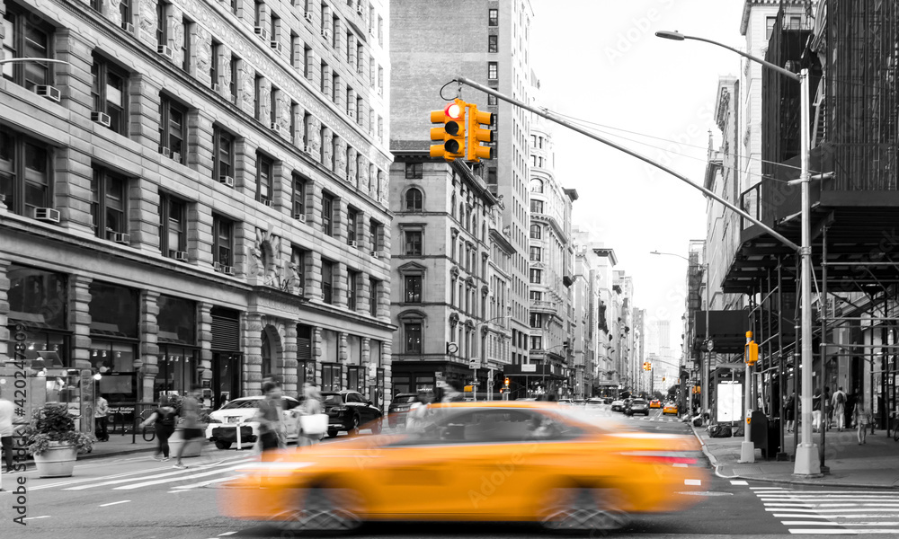 Yellow Taxis And Busy Traffic In Manhattan Stock Photo - Download