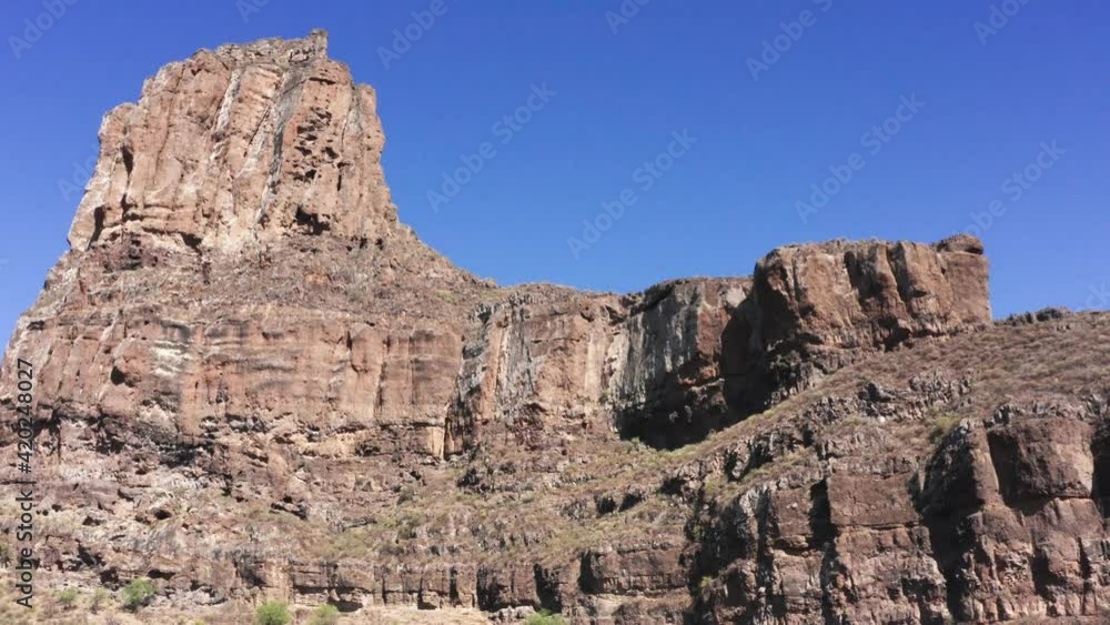 Aerial view of Roque Bentayga in the municipality of Tejeda on the island of Gran Canaria. (Canary Islands, Spain, Europe)