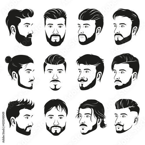 Foto Set of men's different hairstyles and beards on white background