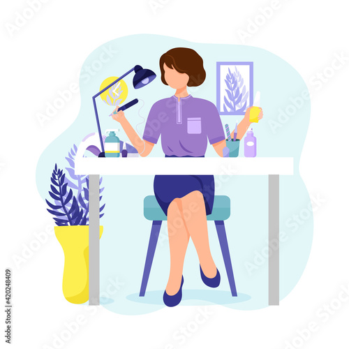 Manicure master with a manicure machine nail file and nail polishes. Flat style character.