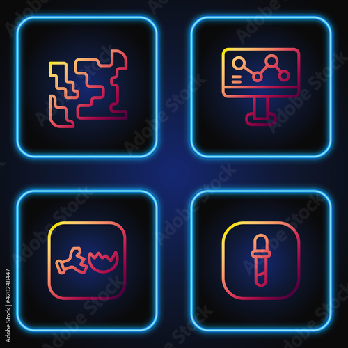 Set line Pipette, Broken flask, Gaseous and Chemical formula. Gradient color icons. Vector