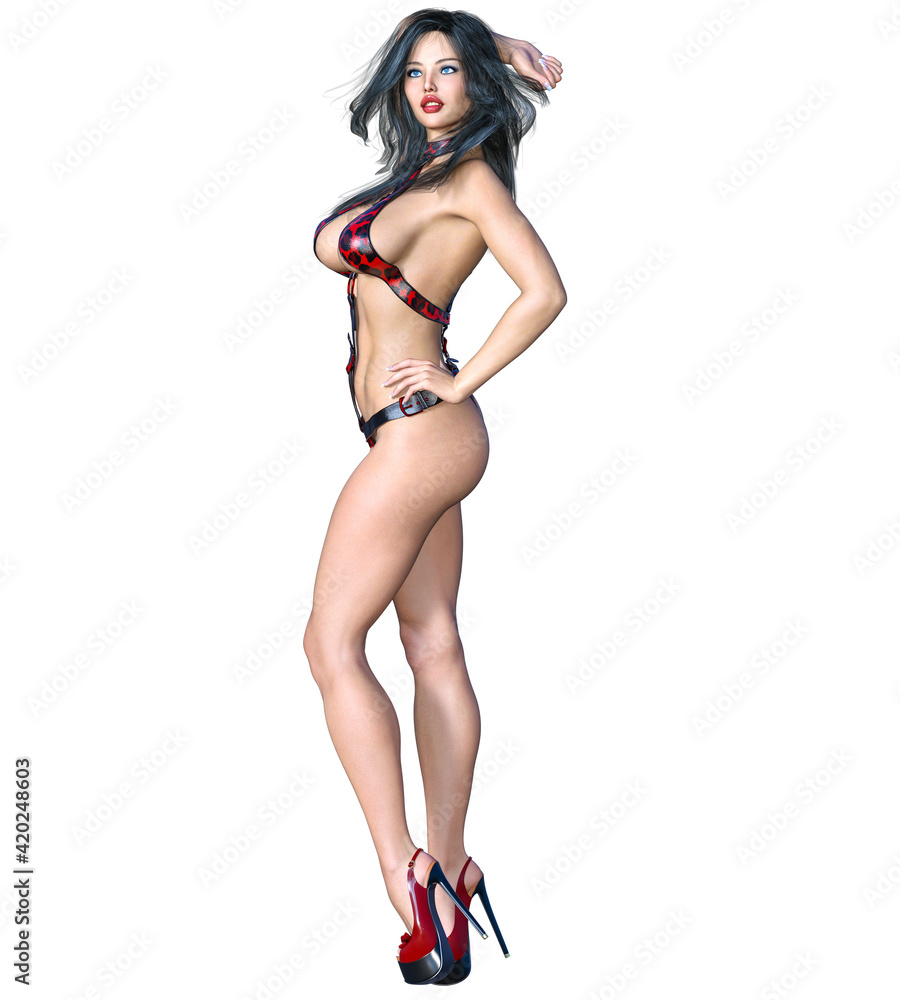 Tall woman in extravagant sexy leather lingerie. Tall woman in extravagant sexy leather lingerie.
