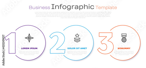 Set line Japanese ninja shuriken, Military rank and reward medal. Business infographic template. Vector