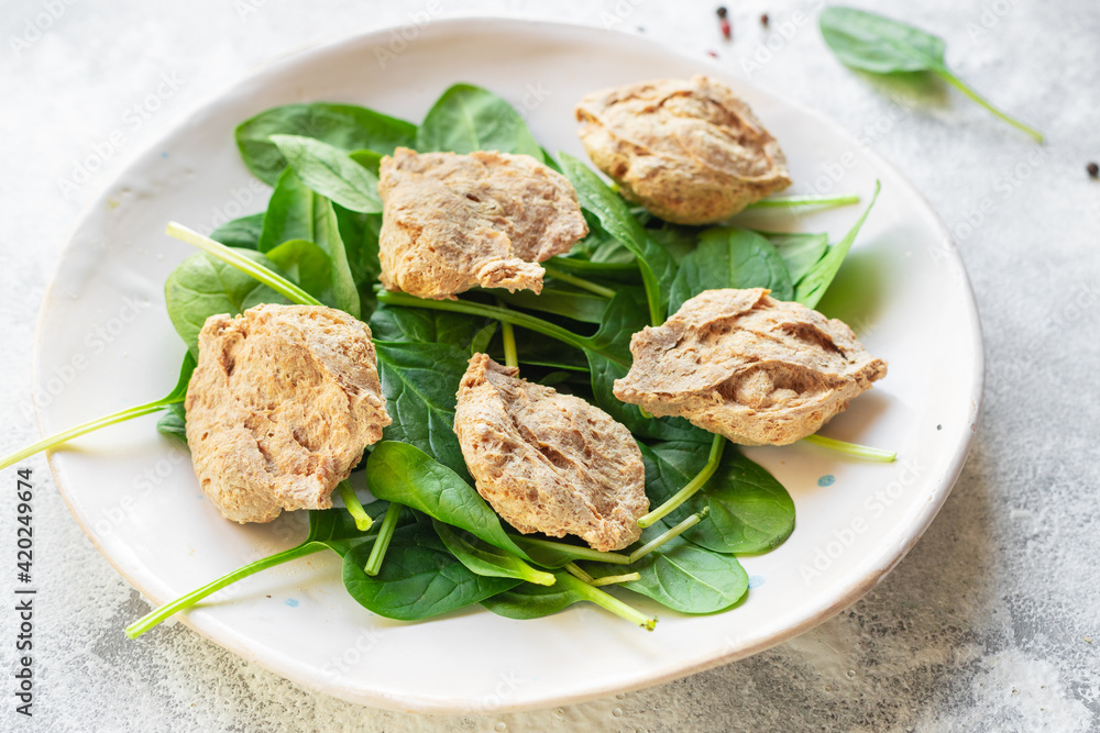 soy meat seitan vegetable protein raw pieces ready to cook snack healthy meal copy space food background rustic image vegan or vegetarian 