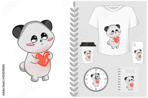 Mockup set, t shirt and merchandising cute panda with love