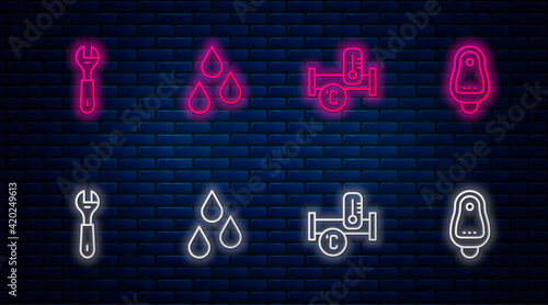 Set line Water drop, Industry metallic pipe, Wrench spanner and Toilet urinal or pissoir. Glowing neon icon on brick wall. Vector