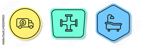 Set line Plumber service car, Industry metallic pipe and Bathtub. Colored shapes. Vector