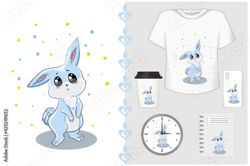 Mockup set, t shirt and merchandising little sad rabbit cartoon vector illustration