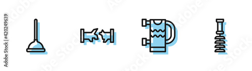 Set line Heated towel rail, Rubber plunger, Broken pipe and Toilet brush icon. Vector