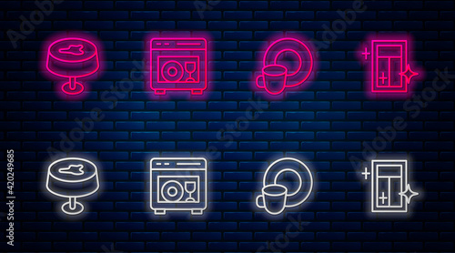 Set line Dishwasher machine, Washing dishes, Stain on the tablecloth and Cleaning service for window. Glowing neon icon on brick wall. Vector