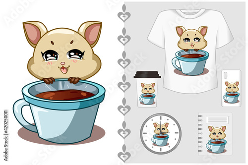 Mockup set, little cute hamster with coffee illustration