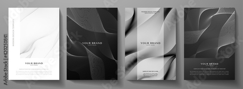 Modern cover design set.  Abstract wavy line pattern (guilloche curves) in monochrome color: black, white. Premium stripe vector layout for business background, certificate, brochure template, booklet