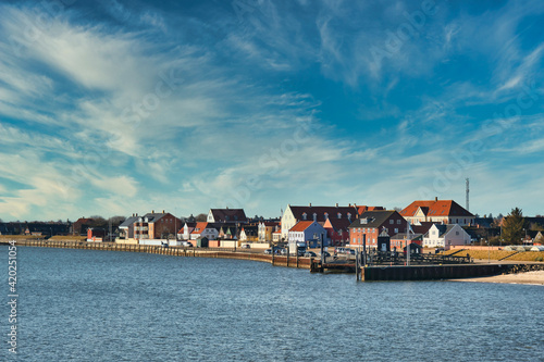 Nordby with ferry berth at the wadden sea island Fanoe, Denmark