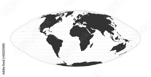 Map of The World. Pseudocylindrical equal-area Goode homolosine projection. Globe with latitude and longitude net. World map on meridians and parallels background. Vector illustration.