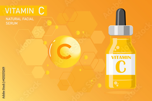 Vitamin C extract essential oil serum for skin care product background, natural acid serum for facial skin whittening and anti aging