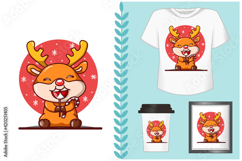 mockup set, a little deer eating Christmas candy illustration