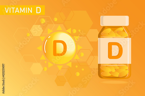 Vitamin D bubble and bottle design with medical background, supplement and nutrition capsules and pills vector