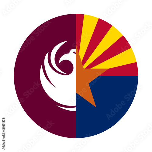 round icon with pheonix and arizona flag, isolated on white background